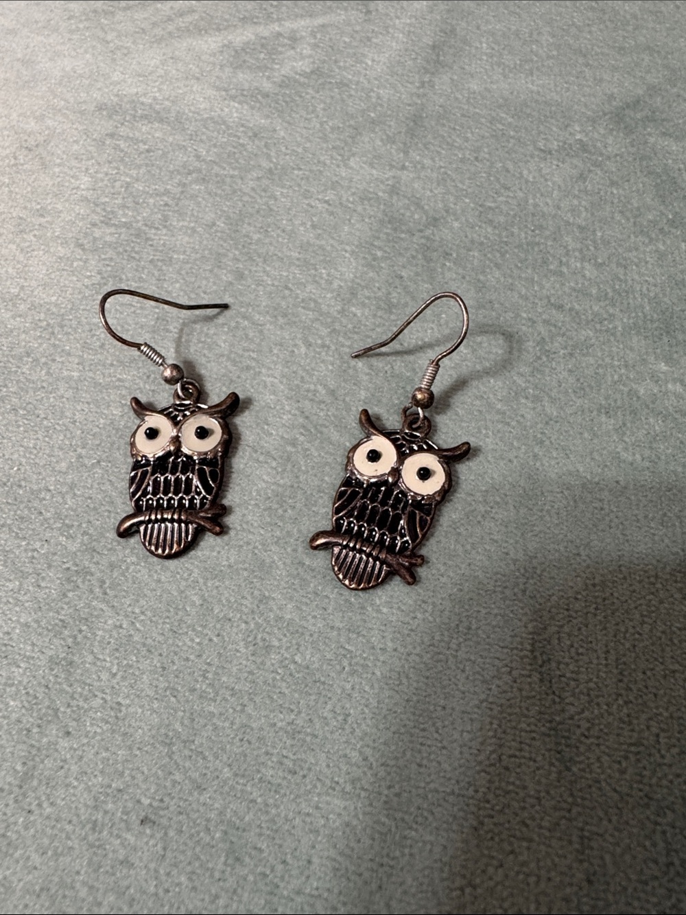 Owl Dangle Earrings in Antique Silver with White Eyes
